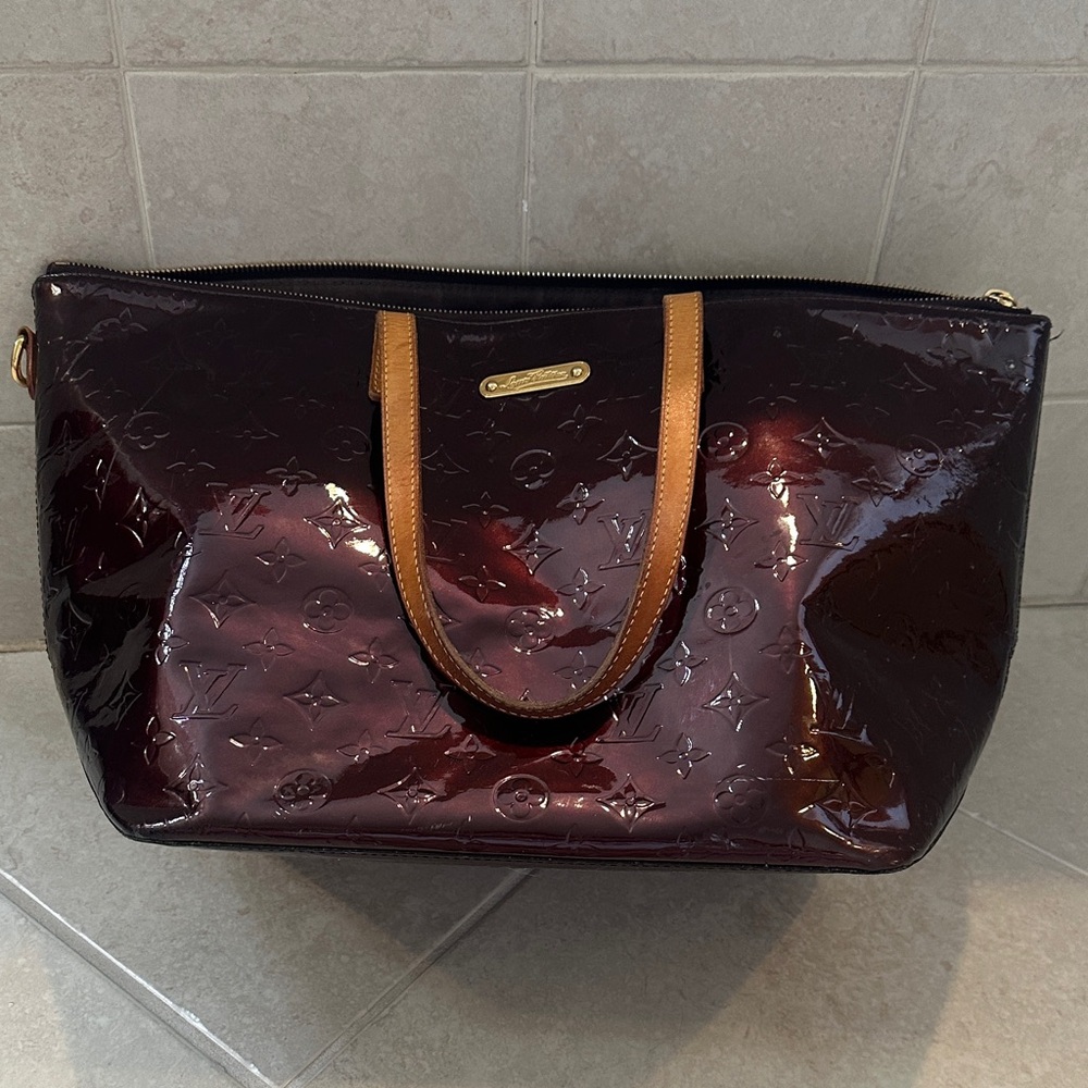 Louis Vuitton Burgundy Patent Shoulder Bag with Tan Straps